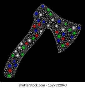 Bright mesh hatchet with glare effect. White wire frame triangular mesh in vector format on a black background. Abstract 2d mesh designed with triangular lines, dots, colored glare spots.