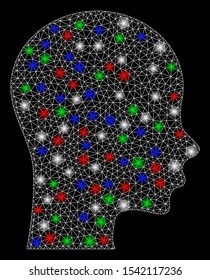 Bright mesh head with glare effect. White wire frame triangular mesh in vector format on a black background. Abstract 2d mesh built from triangular lines, round dots, colorful flare spots.