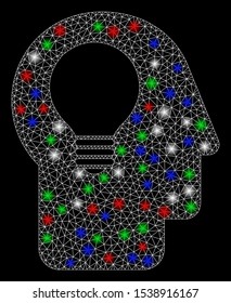 Bright mesh head idea with glow effect. White wire carcass polygonal mesh in vector format on a black background. Abstract 2d mesh designed with polygonal grid, round dots, colorful flare spots.