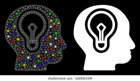 Bright mesh head lamp bulb icon with glow effect. Abstract illuminated model of head lamp bulb. Vector abstraction on a black background.