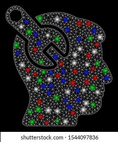 Bright mesh head neurology wrench with glow effect. White wire frame triangular mesh in vector format on a black background. Abstract 2d mesh designed with triangular lines, round dots,