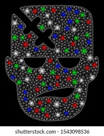 Bright mesh head patient with glow effect. White wire carcass triangular mesh in vector format on a black background. Abstract 2d mesh created from triangular lines, small circle,