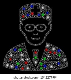 Bright mesh head physician with lightspot effect. White wire carcass triangular mesh in vector format on a black background. Abstract 2d mesh designed with triangular lines, small circle,