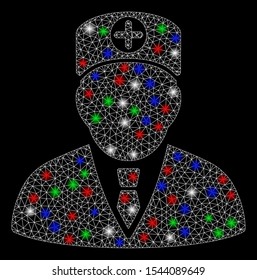 Bright mesh head physician with lightspot effect. White wire carcass polygonal mesh in vector format on a black background. Abstract 2d mesh designed with triangular lines, small circle,
