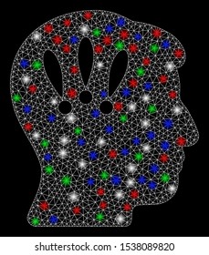 Bright mesh head problems with glow effect. White wire frame polygonal mesh in vector format on a black background. Abstract 2d mesh designed with polygonal grid, points, colored light spots.