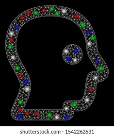 Bright mesh head profile with glow effect. White wire carcass polygonal mesh in vector format on a black background. Abstract 2d mesh designed with triangular lines, points, colored glare spots.