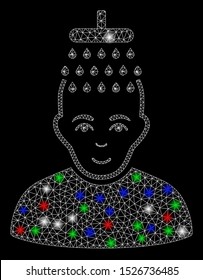 Bright mesh head shower with lightspot effect. White wire carcass polygonal mesh in vector format on a black background. Abstract 2d mesh built from polygonal grid, points, colored light spots.
