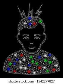 Bright mesh headache with lightspot effect. White wire carcass triangular mesh in vector format on a black background. Abstract 2d mesh designed with triangular lines, dots, colored light spots.