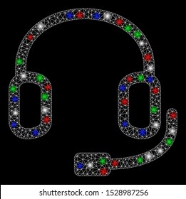 Bright mesh headset with glare effect. White wire carcass triangular mesh in vector format on a black background. Abstract 2d mesh designed with triangles, dots, colorful light spots.
