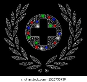 Bright mesh health care embleme with lightspot effect. White wire carcass polygonal mesh in vector format on a black background. Abstract 2d mesh designed with polygonal grid, dots,