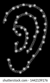 Bright mesh hear with glitter effect. Abstract illuminated model of hear icon. Shiny wire frame triangular mesh hear. Vector abstraction on a black background.