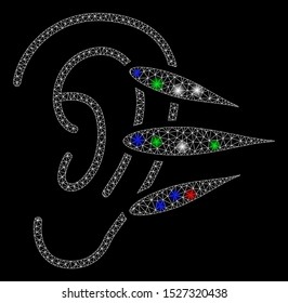 Bright mesh hearing with glow effect. White wire carcass triangular mesh in vector format on a black background. Abstract 2d mesh designed with triangular lines, dots, colored flash spots.