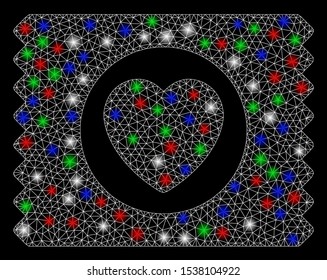 Bright mesh heart condom pack with lightspot effect. White wire carcass polygonal mesh in vector format on a black background. Abstract 2d mesh designed with polygonal grid, small circle,