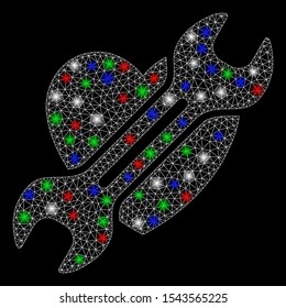 Bright mesh heart surgery with glow effect. White wire carcass polygonal mesh in vector format on a black background. Abstract 2d mesh designed with polygonal grid, spheric points,