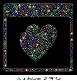 Bright mesh hearts calendar page with lightspot effect. White wire carcass polygonal mesh in vector format on a black background. Abstract 2d mesh designed with triangles, points,