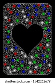 Bright mesh hearts gambling card with glare effect. White wire frame triangular mesh in vector format on a black background. Abstract 2d mesh created from triangles, points, colorful glare spots.