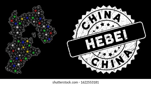 Bright mesh Hebei Province map with lightspot effect, and seal stamp. Wire carcass triangular Hebei Province map mesh in vector format on a black background. White round seal with scratched texture.