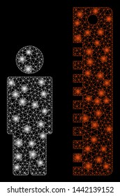 Bright mesh height meter with lightspot effect. Abstract illuminated model of height meter icon. Shiny wire frame polygonal mesh height meter. Vector abstraction on a black background.