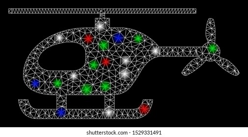 Bright mesh helicopter with lightspot effect. White wire frame triangular mesh in vector format on a black background. Abstract 2d mesh designed with triangular lines, round dots, colored light spots.
