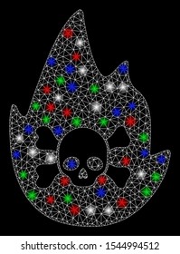 Bright mesh hellfire with glare effect. White wire carcass triangular mesh in vector format on a black background. Abstract 2d mesh designed with triangular lines, round dots, colorful light spots.