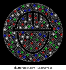 Bright mesh helmet circle with glare effect. White wire carcass polygonal mesh in vector format on a black background. Abstract 2d mesh designed with polygonal grid, round dots, colorful glare spots.
