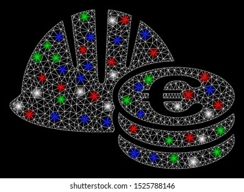 Bright mesh helmet and Euro coins with glare effect. White wire carcass triangular mesh in vector format on a black background. Abstract 2d mesh created from triangular lines, round dots,