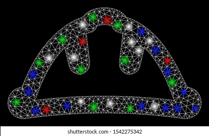 Bright mesh helmet with glare effect. White wire frame triangular mesh in vector format on a black background. Abstract 2d mesh designed with triangular lines, spheric points, colored glare spots.
