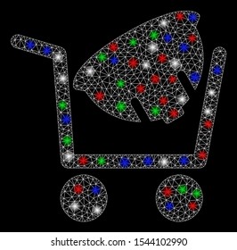 Bright mesh helmet shopping with lightspot effect. White wire carcass polygonal mesh in vector format on a black background. Abstract 2d mesh created from polygonal grid, spheric points,
