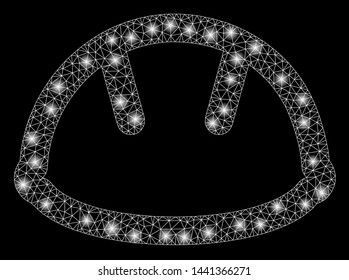 Bright mesh helmet with sparkle effect. Abstract illuminated model of helmet icon. Shiny wire carcass triangular mesh helmet. Vector abstraction on a black background.