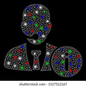 Bright mesh help desk manager with glare effect. White wire frame polygonal mesh in vector format on a black background. Abstract 2d mesh created from triangular lines, small circle,