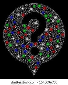 Bright mesh help with glow effect. White wire carcass triangular mesh in vector format on a black background. Abstract 2d mesh designed with triangular lines, spheric points, colored light spots.