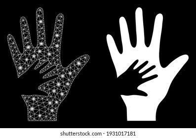 Bright mesh help hand with glow effect. Abstract illuminated model based on help hand icon. Shiny wire frame polygonal mesh help hand. Vector abstraction on a black background.