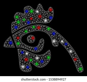 Bright mesh hen head with lightspot effect. White wire frame polygonal mesh in vector format on a black background. Abstract 2d mesh created from polygonal grid, points, colored flash spots.