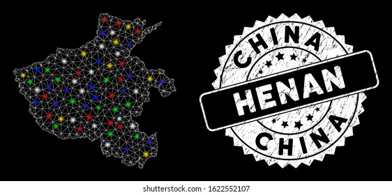 Bright mesh Henan Province map with glow effect, and rubber print. Wire frame polygonal Henan Province map mesh in vector format on a black background. White round seal stamp with grunge surface.