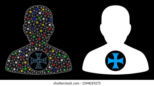 Bright mesh hero medal icon with glare effect. Abstract illuminated model of hero medal. Shiny wire carcass polygonal mesh hero medal icon. Vector abstraction on a black background.