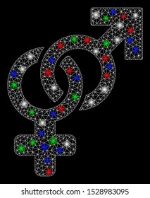 Bright mesh heterosexual symbol with glare effect. White wire frame triangular mesh in vector format on a black background. Abstract 2d mesh designed with triangular lines, dots, colorful light spots.