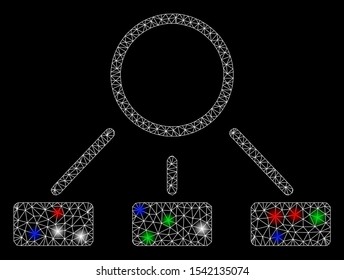 Bright mesh hierarchy with glare effect. White wire frame polygonal mesh in vector format on a black background. Abstract 2d mesh created from polygonal grid, small circle, colorful glare spots.