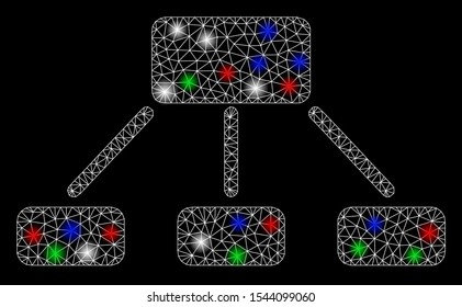 Bright mesh hierarchy with glare effect. White wire frame polygonal mesh in vector format on a black background. Abstract 2d mesh designed with polygonal grid, small circle, colored flare spots.