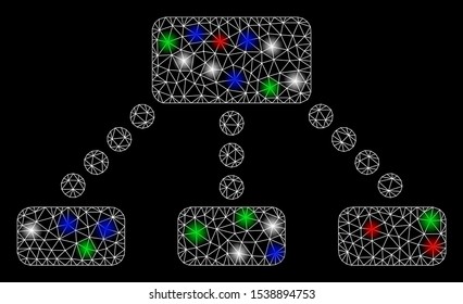 Bright mesh hierarchy with lightspot effect. White wire frame polygonal mesh in vector format on a black background. Abstract 2d mesh built from polygonal grid, spheric points, colored flash spots.