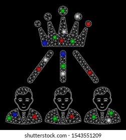 Bright mesh hierarchy men with glare effect. White wire carcass triangular mesh in vector format on a black background. Abstract 2d mesh created from triangular lines, round dots,