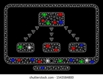 Bright mesh hierarchy monitoring with glare effect. White wire frame triangular mesh in vector format on a black background. Abstract 2d mesh built from triangular lines, points, colorful glare spots.