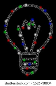 Bright mesh hint lamp with lightspot effect. White wire frame polygonal mesh in vector format on a black background. Abstract 2d mesh built from polygonal grid, round dots, colored flash spots.
