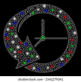 Bright mesh history with glare effect. White wire frame polygonal mesh in vector format on a black background. Abstract 2d mesh designed with polygonal grid, dots, colorful flare spots.