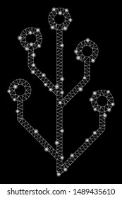 Bright mesh hi-tech tree with glare effect. Abstract illuminated model of hi-tech tree icon. Shiny wire carcass triangular mesh hi-tech tree. Vector abstraction on a black background.