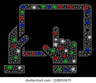 Bright mesh hold smart pad with lightspot effect. White wire carcass polygonal network in vector format on a black background. Abstract 2d mesh designed with polygonal grid, spheric points,