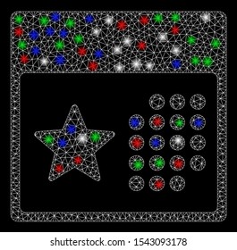 Bright mesh holiday calendar with glare effect. White wire carcass triangular mesh in vector format on a black background. Abstract 2d mesh created from triangles, dots, colorful glare spots.