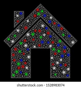 Bright mesh home with glare effect. White wire frame triangular mesh in vector format on a black background. Abstract 2d mesh built from triangular lines, dots, colored light spots.