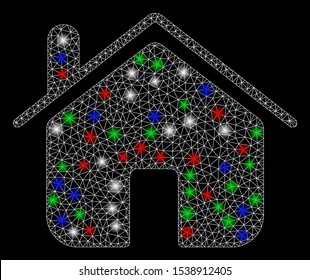 Bright mesh home with glare effect. White wire frame polygonal network in vector format on a black background. Abstract 2d mesh created from polygonal grid, points, colored glare spots.