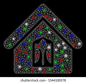 Bright mesh home with glare effect. White wire frame triangular network in vector format on a black background. Abstract 2d mesh designed with triangles, points, colorful glare spots.
