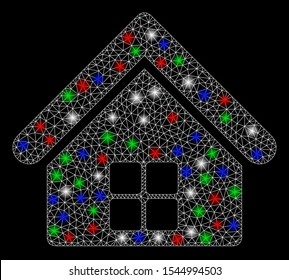 Bright mesh home with glare effect. White wire carcass triangular mesh in vector format on a black background. Abstract 2d mesh designed with polygonal grid, spheric points, colored light spots.